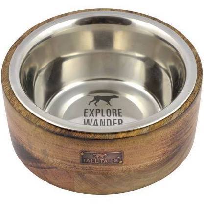 Tall Tails Stainless Steel Wood Dog Bowl - 3 Cup Capacity - Rustic Pet Feeder