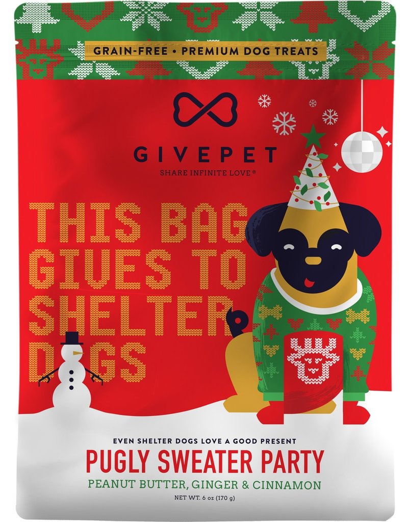 GivePet Pugly Sweater Party Dog Treats - Soft Chews, Peanut Butter, Ginger & Cinnamon, 6 oz