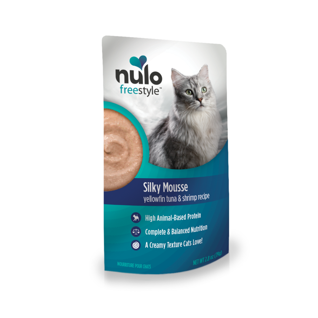 NULO 24-Count, 2.8 oz FreeStyle Cat Silky Mousse Tuna & Shrimp Pouch