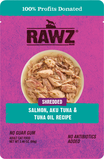 RAWZ Cat Food Pouch, Salmon, Aku Tuna & Tuna Oil, Shredded, Wet Food, 2.46 oz