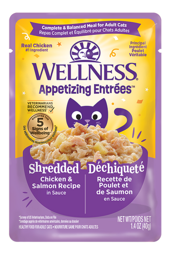 Wellness Appetizing Entrees Shredded Chicken & Salmon in Sauce Cat Food, 1.4 oz Pouch