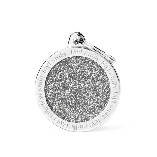 MyFamily Shine Big Circle Glitter Pet ID Tag - Gray, Personalizable