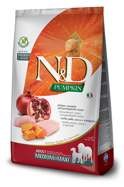Farmina N&D Pumpkin, Chicken & Pomegranate Adult Medium & Maxi Breed Grain-Free Dry Dog Food, 5.5 lb / 2.5 kg Bag