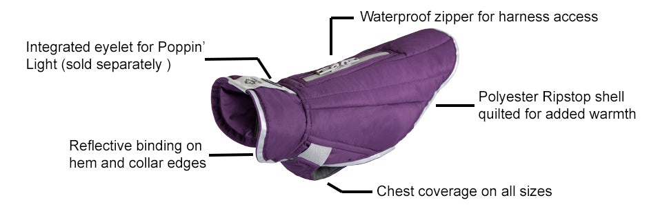 RC Pet Products Quilted Nimbus Puffer Dog Coat, Plum Purple/Grey, Size 28
