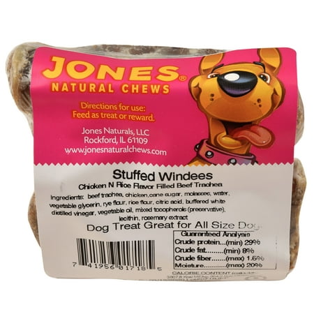 Jones Natural Chews Stuffed Windees - Chick N Rice Flavor Filled Beef Trachea - 2 Pack