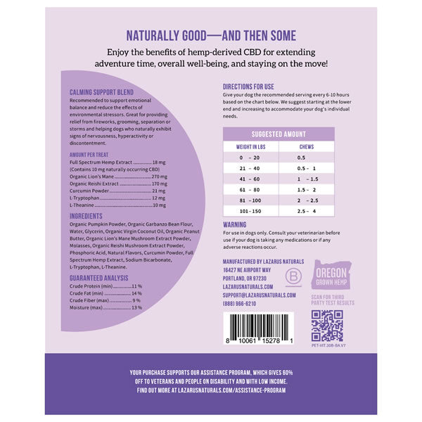 Lazarus Naturals Calming Support CBD Dog Chews - Peanut Butter - 300mg CBD