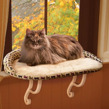K&H Pet Products Deluxe Kitty Sill with Bolster - Cat Window Perch Bed - Tan Kitty Print - 14 x 24 inches