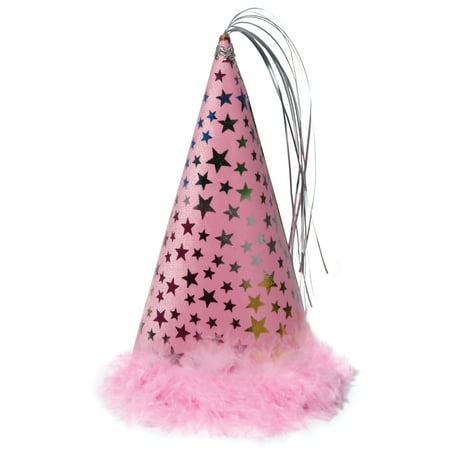 Charming Pet Party Hat - Pink with Stars, Feathery Trim, and Tassels (Large)
