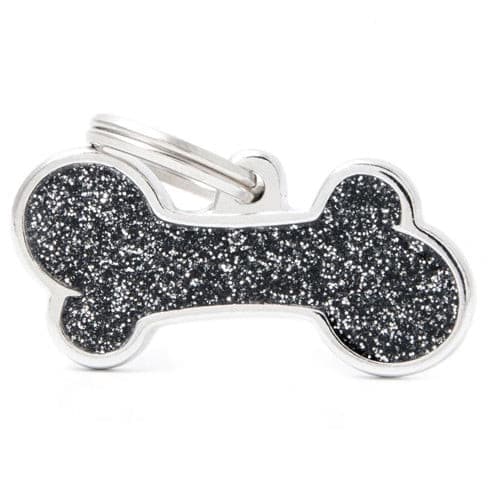 MyFamily Shine Large Bone Pet ID Tag - Black with Glitter, Customizable