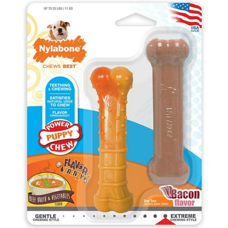 Nylabone Puppy Power Tough Chew Toys Twin Pack - Beef Broth, Vegetables & Bacon Flavor - Small