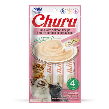 Inaba Churu Tuna with Salmon Cat Treat, 0.5oz Tubes (4-Pack) Lickable Grain-Free Creamy Purée with Vitamin E & Taurine