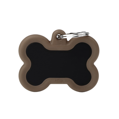My Family Hushtag Bone Pet ID Tag - Black Aluminum with Brown Rubber Border, Silent Dog Tag
