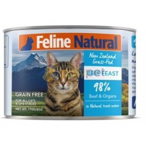 Feline Natural Canned Cat Food Beef Feast, 6 oz / 170g - Premium Grain-Free Wet Food from New Zealand