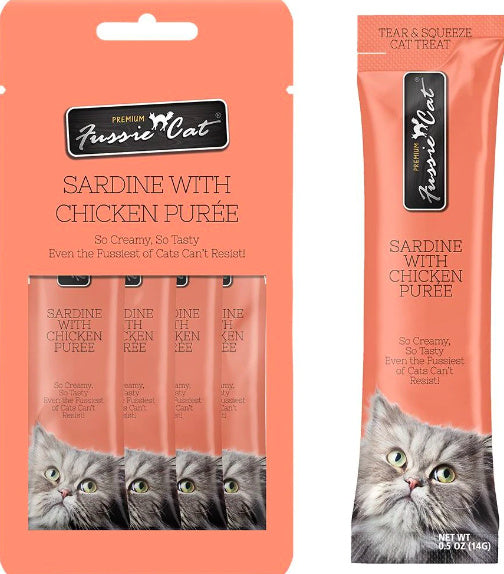 Fussie Cat Puree Cat Treats - Sardine with Chicken - 4 x 0.5oz Tubes Lickable Creamy Snack