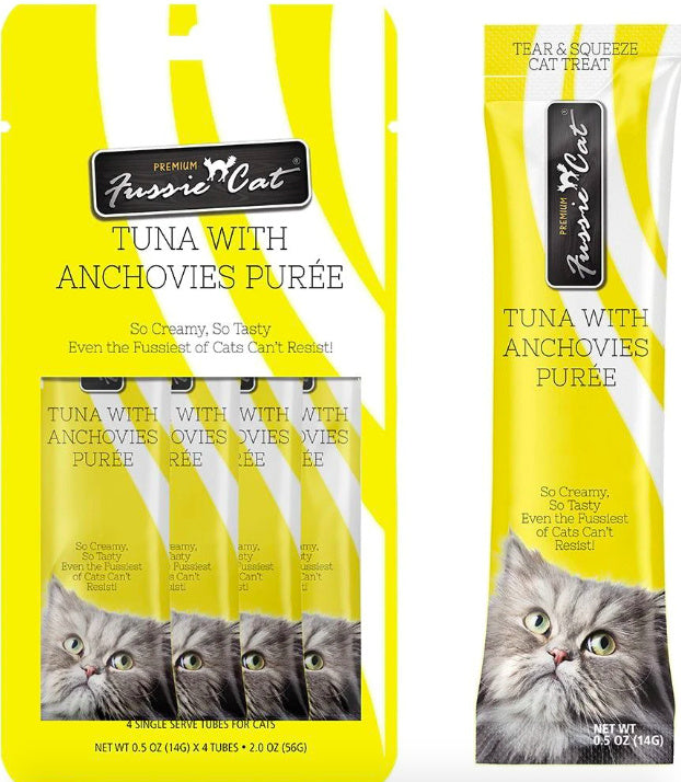 Fussie Cat Puree Cat Treats - Tuna with Anchovies, 0.5oz/2oz Single or 4-Pack - Lickable, Creamy Snack or Food Topper
