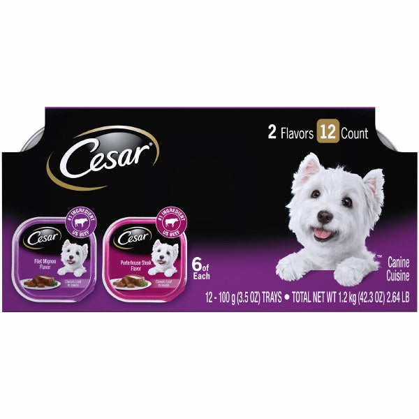 Cesar Classic Loaf in Sauce Filet Mignon & Porterhouse Steak Variety Pack Wet Dog Food, 3.5oz Trays, 12 Count