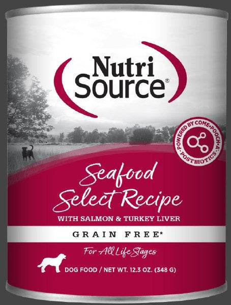 NutriSource Grain Free Seafood Select Wet Dog Food, 12.3 oz Can - All Life Stages Salmon Recipe