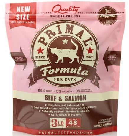 Primal Cat Frozen Raw Nuggets - Beef & Salmon Formula, 3 lb Bag