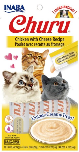 Inaba Churu Cat Treats, Chicken with Cheese Recipe, 0.5 oz Tubes (4 Count) Lickable Creamy Purée with Vitamin E & Taurine