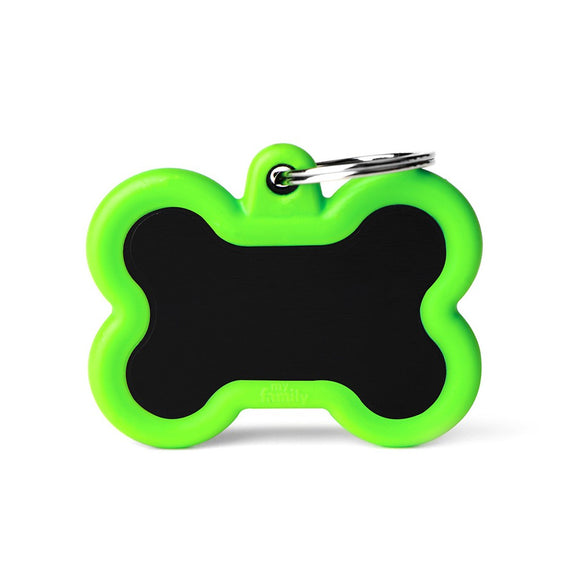 MyFamily Hushtag Bone ID Tag - Black Aluminum with Green Rubber (Large)