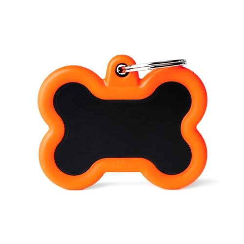 MyFamily Hushtag Black Aluminum Bone Dog ID Tag with Orange Rubber, Silent Pet Tag