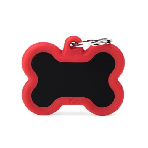 MyFamily Hushtag Bone Pet ID Tag - Black Aluminum with Red Rubber Edge