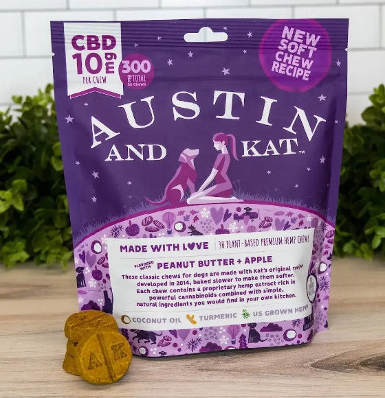 Austin & Kat CBD Dog Chews - 10mg CBD+CBDa - Peanut Butter & Apple Flavor - 30 Count - Hemp Supplement for Dogs
