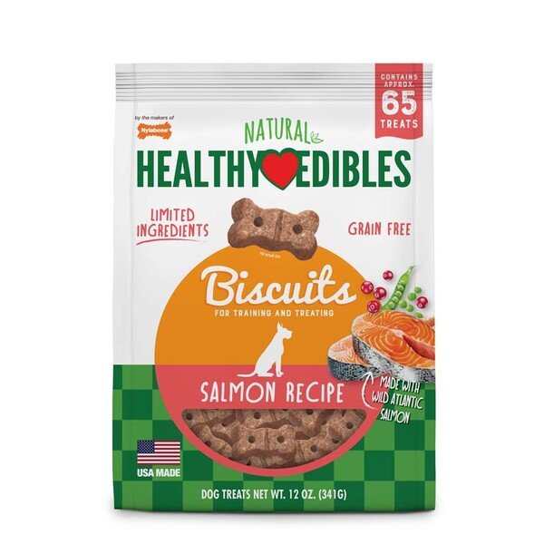 Nylabone Healthy Edibles Grain Free Dog Treats Biscuits, Salmon Flavor, 12 oz