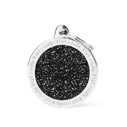 My Family Shine Tag Large Circle Black Glitter Pet ID Tag
