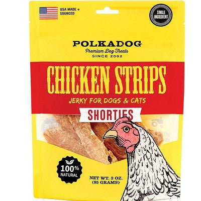 Polkadog Chicken Strips Jerky Shorties - Dog & Cat Treats - 3oz Pouch - USA Made