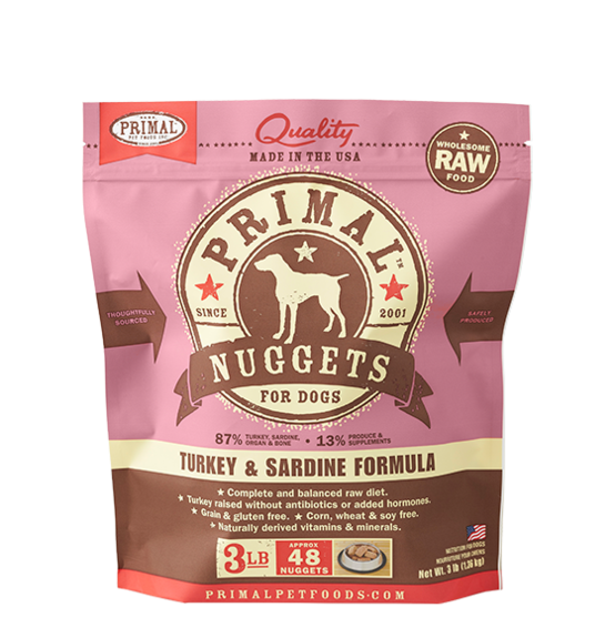 Primal Frozen Raw Dog Food Nuggets - Turkey & Sardine Formula - 3 lbs
