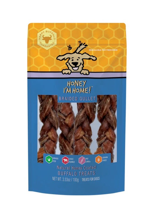 Honey I'm Home Dog Treats - Natural Honey Coated Braided Buffalo Gullet - 3.53oz