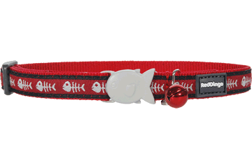 Red Dingo Cat Collar - Fish Bone Red - 12mm - Adjustable 20-32cm - Safety Buckle, Bell
