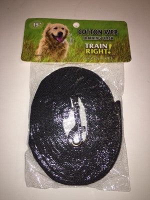 Coastal Train Right! Cotton Web Dog Training Leash 5/8" x 15ft - Black