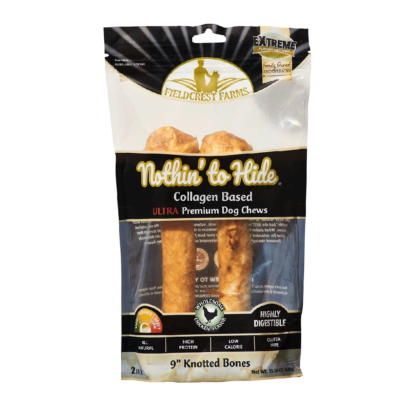 Fieldcrest Farms Nothin' to Hide 9" Knotted Bone Dog Chew, Chicken Flavor, 2-Pack, Ultra Premium, Highly Digestible Rawhide Alternative