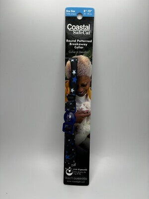 Coastal Safe Cat Collar - Round Fashion, 3/8" Wide, 8-12" - Black Stars