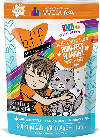 Weruva BFF OMG Purrfect Plannin' Cat Food Pouches, Chicken, Turkey & Salmon in Gravy, 2.8 oz
