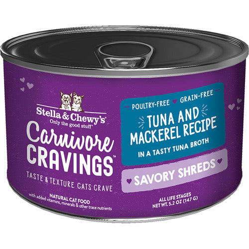 Stella & Chewy's Carnivore Cravings Savory Shreds Wild-Caught Tuna & Mackerel Recipe Wet Cat Food, 5.2 oz.