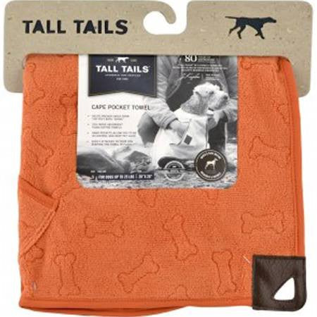 Tall Tails Dog Cape Towel - Orange Bone - 27x27 Pet Bath Towel with Hand Pockets