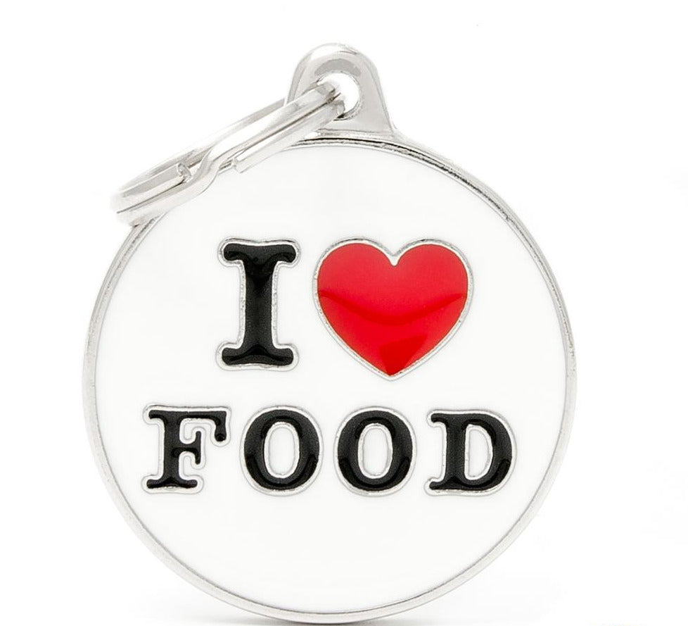 MyFamily Charms Big "I Love Food" Pet ID Tag - Personalized Engraved Dog Tag, Metal Circle