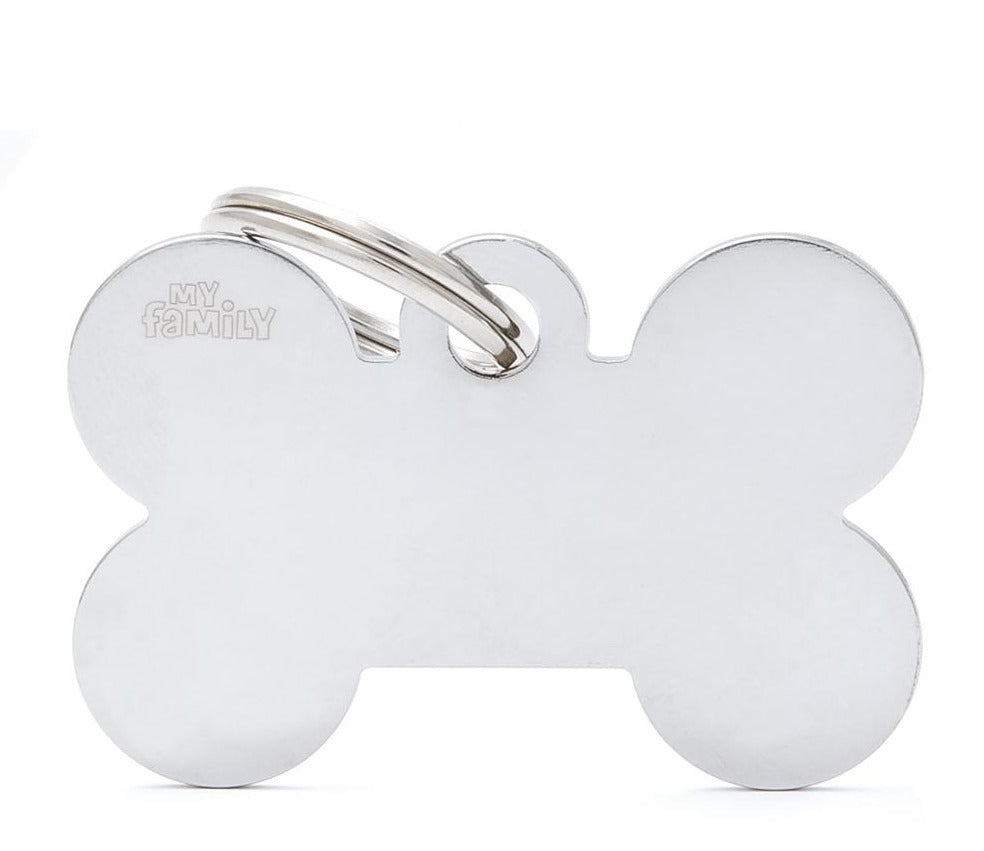 MyFamily Basic Big Bone Pet ID Tag - Chrome Plated Brass - Large Engravable Dog Tag