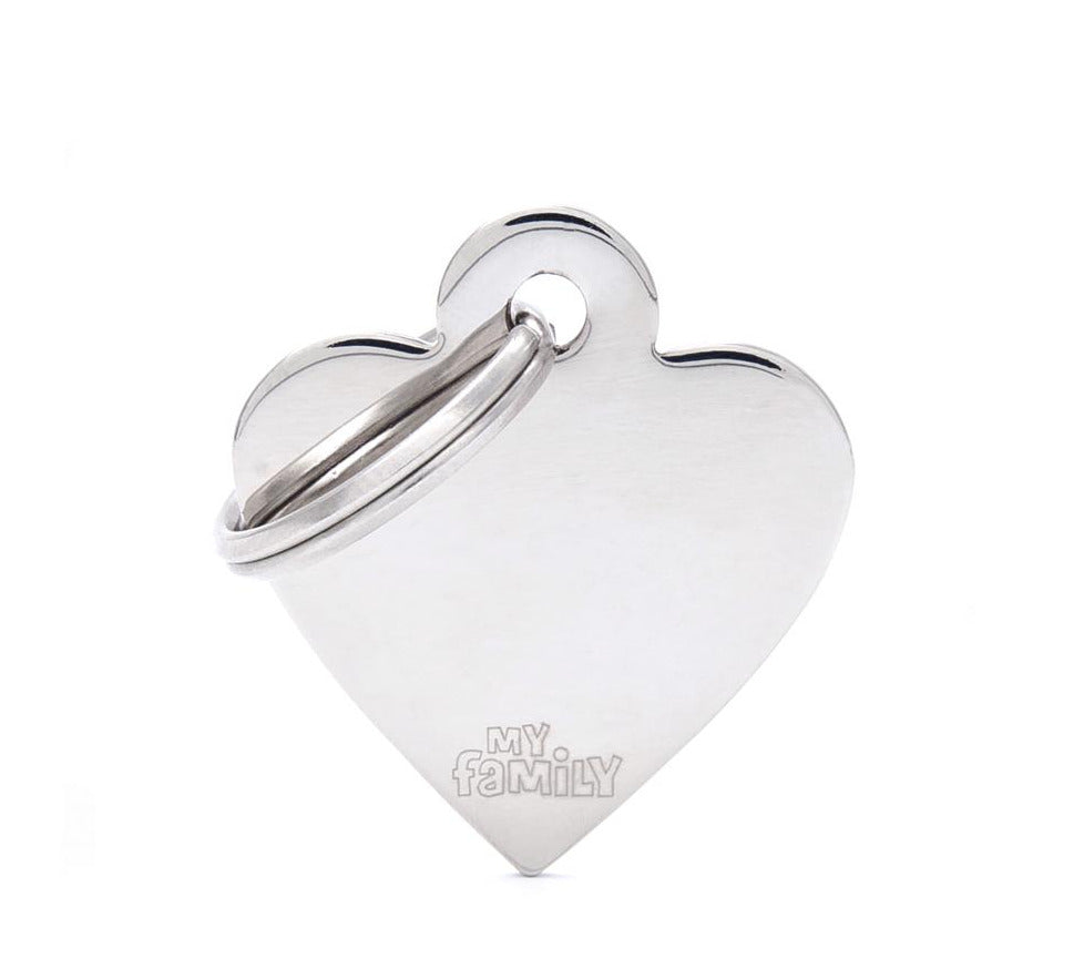 My Family Basic Small Heart ID Tag - Chrome Plated Brass Pet Tag