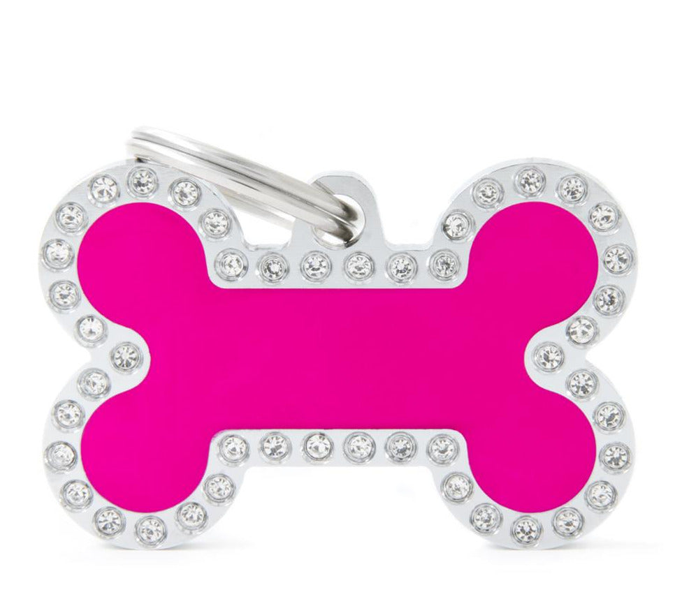 MyFamily Glam Pet ID Tag - Large Bone - Fuchsia with Rhinestones