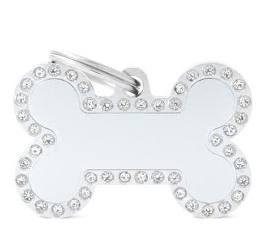 My Family Glam Large Bone Pet ID Tag - Rhinestone, Hand Enameled Metal, 38x24mm