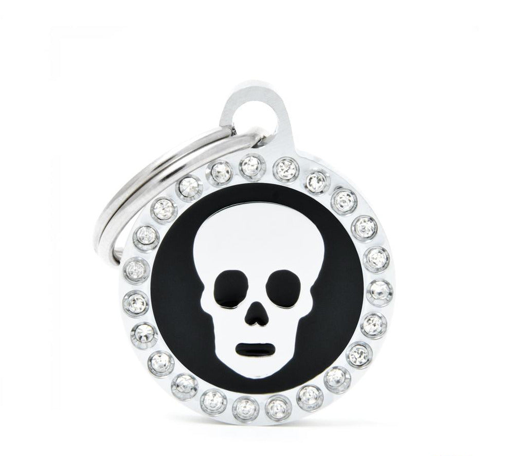 My Family Glam Skull Pet ID Tag - Black Circle with Rhinestones