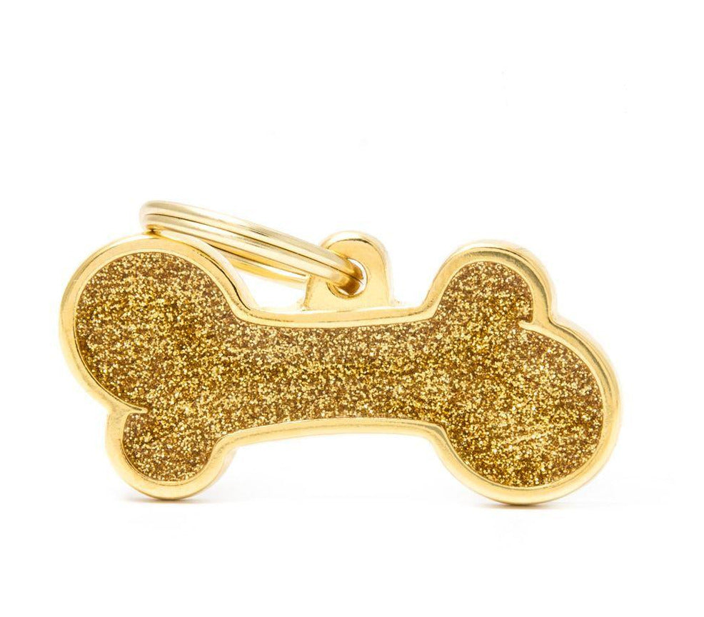 MyFamily Shine Big Bone Pet ID Tag - Glitter Gold - Engravable Dog Tag