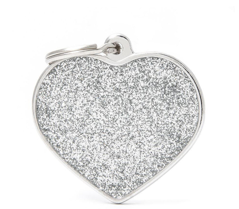 My Family Shine Big Grey Glitter Heart Pet ID Tag