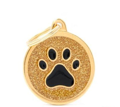 My Family Shine Big Gold Glitter Circle Black Paw Pet ID Tag