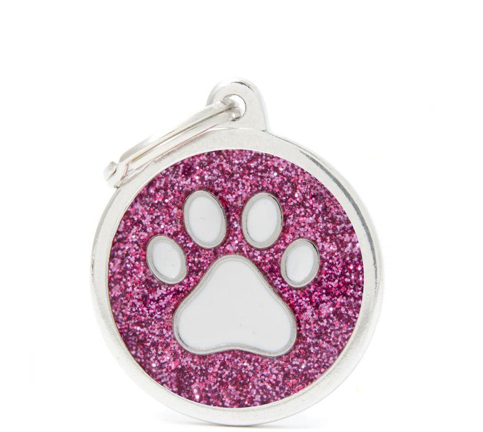 My Family ID Tag - Shine Big Pink Glitter Circle with White Paw