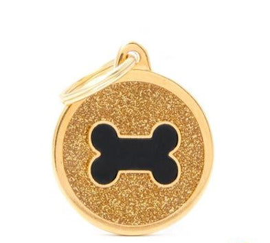 MyFamily Shine Big Gold Glitter Circle Black Bone Pet ID Tag
